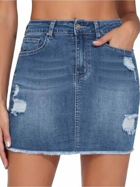 NWT- Women's Distressed Blue Denim Mini Skirt